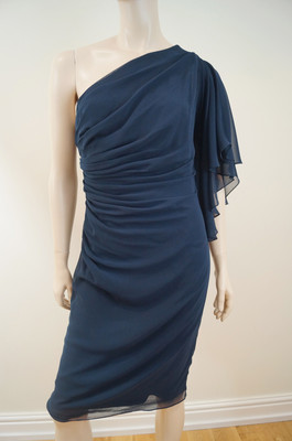 TADASHI SHOSI Navy Blue One Shoulder Ruched Evening Cocktail Dress  