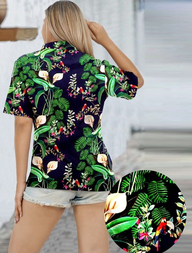 HAPPY BAY Hawaiian Shirts Womens Casual Summer Beach L Hibiscus, Blue - Picture 2 of 3