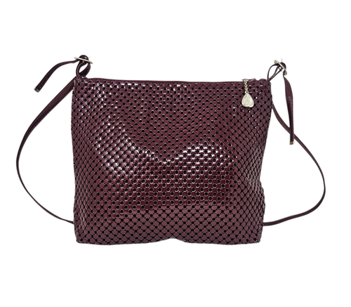 Vtg WHITING and DAVIS Purse Burgundy Metal Mesh Leather Strap Heart Zip Pull Bag
