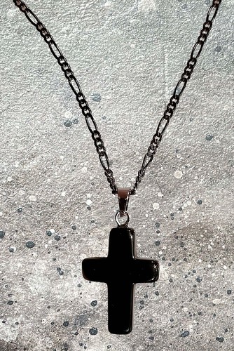 Obsidian Kreuz an einer schwarzen Rhodium 925 Silber Figarokette - Bild 5 von 6