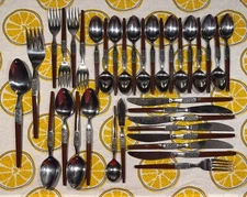 MCM Ekco Eterna EKS14 Stainless Wood Handle Japan Vintage Flatware - Lot of 35