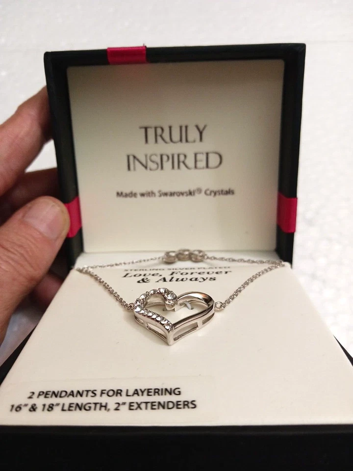 Collares colgantes chapados en plata de ley con cristales. Corazón en capas 16" + 18" Foto 4 de 4