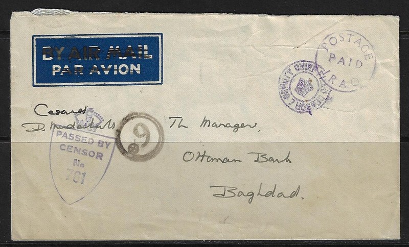 IRAQ UK INDIA 1944 POSTAGE PAID IRAQ INDIAN SECTION BASS OFFICE IN BAGHDAD TO