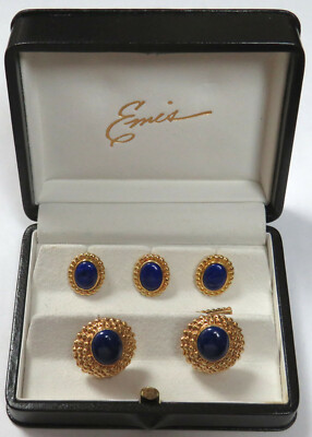 SUPERB EMIS 18K SOLID GOLD & LAPIS LAZULI CUFFLINKS & STUDS BOXED