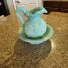 Avon Vintage 1970's Blue-green Milk Glass Pitcher And Bowl Perfume Bottle Empty