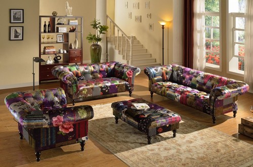 Anna Scroll Chesterfield Luxury Fabric Patchwork Sofa Suite
