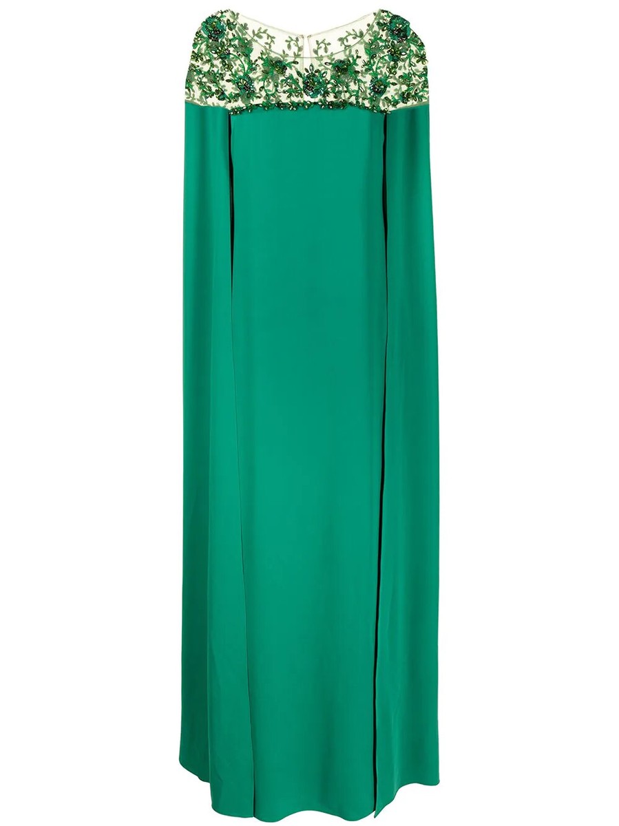 Marchesa Notte Embroidered Cape Dress - Green - 0