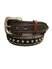Men’s Tooled Basket Belt Billets With Brindle Cowhide & Metal Rivet Accents