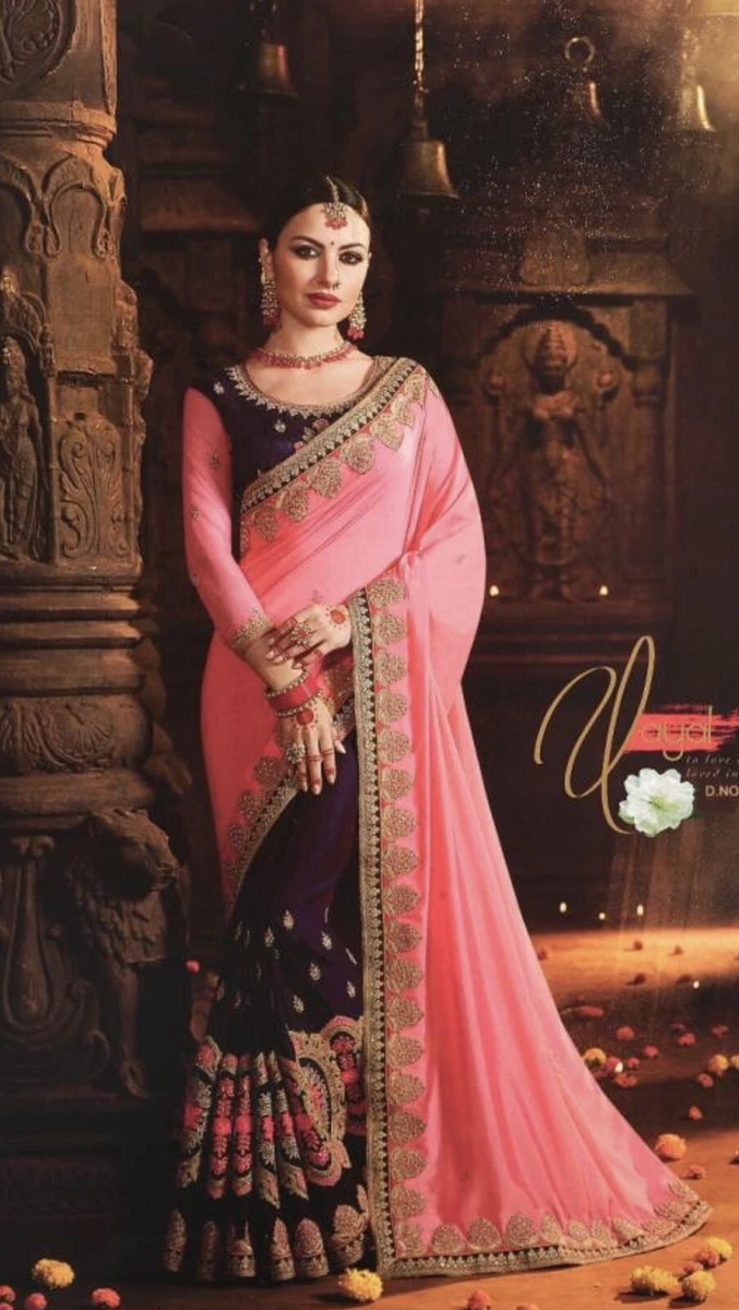 Indian Saree Sari Blouse Rangoli silk Georgette half half Pink