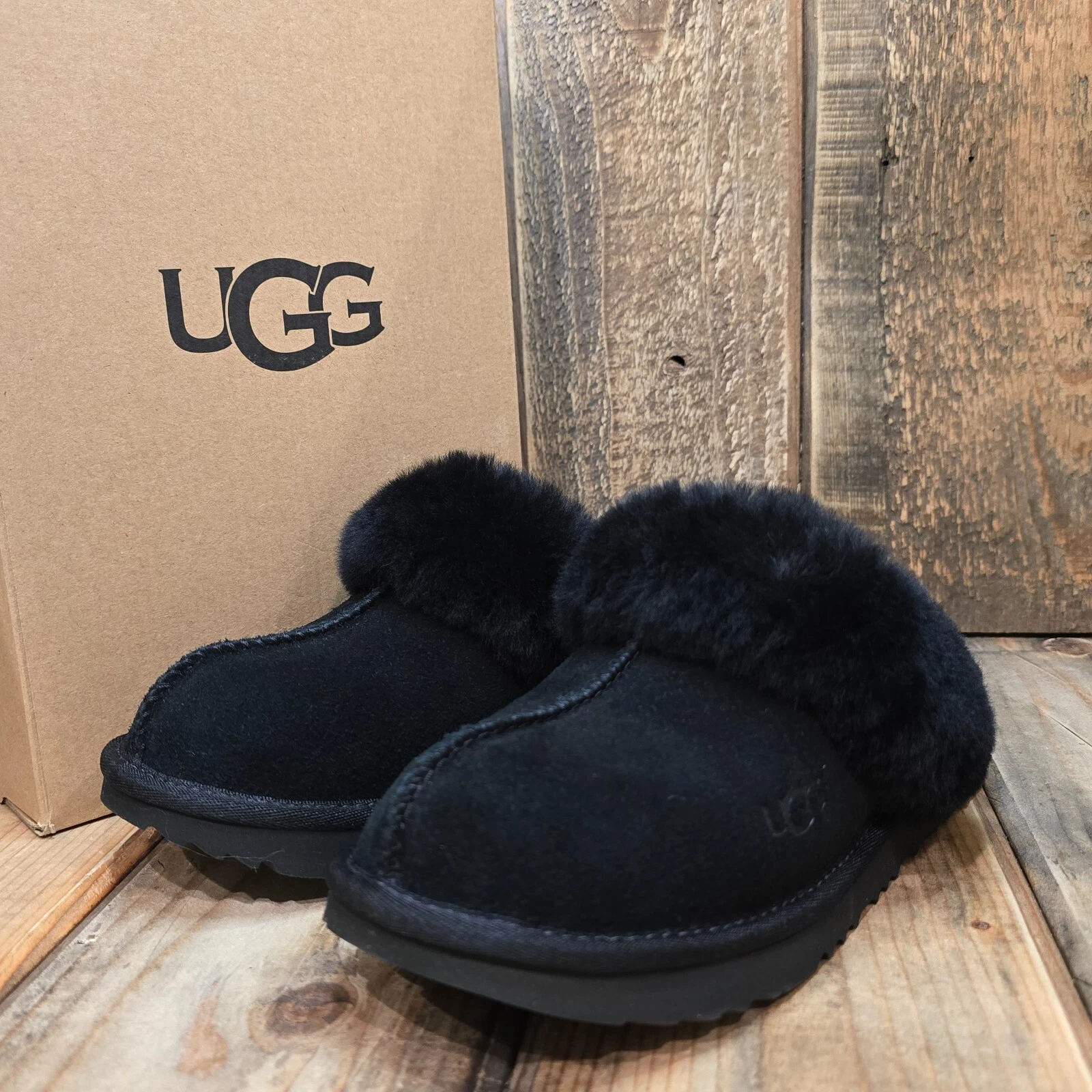 UGG KIDS COZY II PANTOFOLA SLIDE SANDALO NERO PELLE SCAMOSCIATA POLSINO BIG KID US 2 EU 33 5