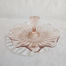 VTG Pink Peach Ruffled Glass Candy Dish Fluted Tidbit Serving Tray Handle AS IS