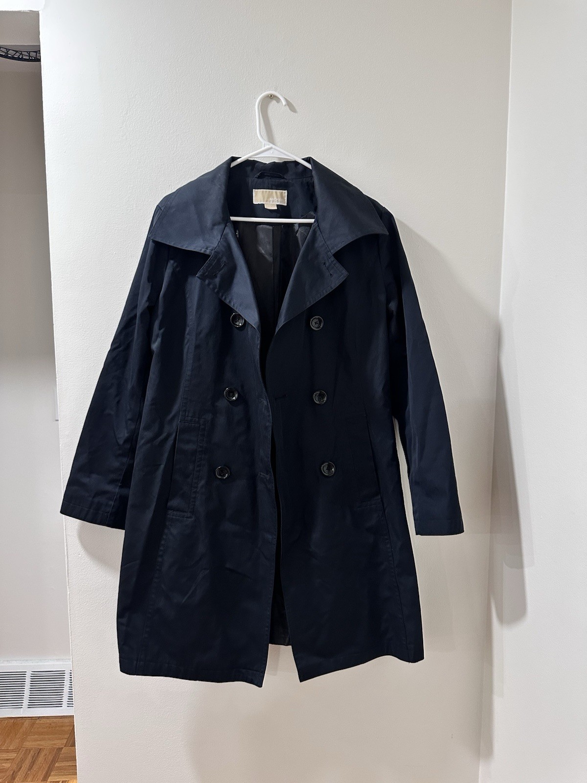 Michael Kors Women's Trench Coat Size L Black Double Breasted Belted Long Jacket