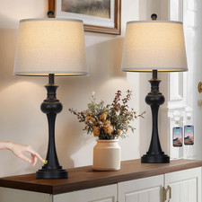 Modern 28.75" Black Table Lamp with USB Ports  AC Outlets, Beige Shade