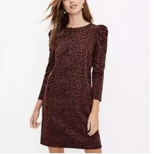 LOFT Brown Leopard Print Long Puff Sleeve Dress Size Small