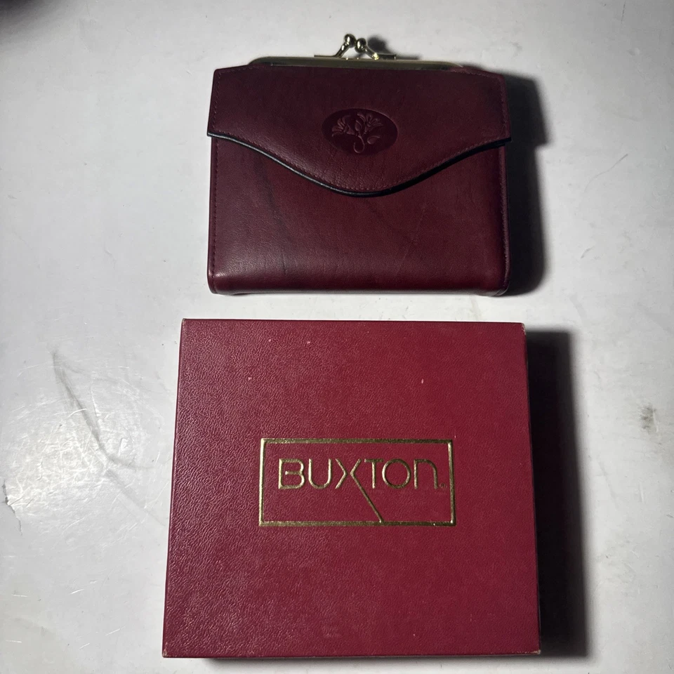 De Colección Buxton BG Cuero Bloqueo de Beso Cartera Organizador Marco Dorado Múltiples Ranuras para Tarjetas Foto 2 de 4