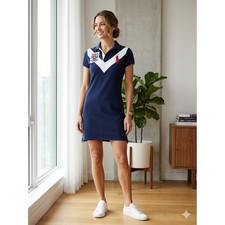 Ralph Lauren Preppy Aesthetic V-Chevron Polo Dress Women's Large Blue