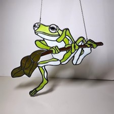 Handcrafted Stained Glass Green Tree Frog on Branch Suncatcher