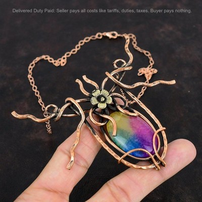 Copper Natural Rainbow Solar Quartz Druzy New Chain Wire Wrapped Flower Necklace