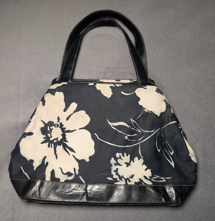 Vintage Floral Kate Spade New York Black Leather Trimmed Canvas Tote Italy
