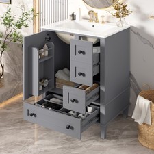 24" Wood Bathroom Vanity Storage Cabinet with Ceramic Sink  Soft-Close Drawers