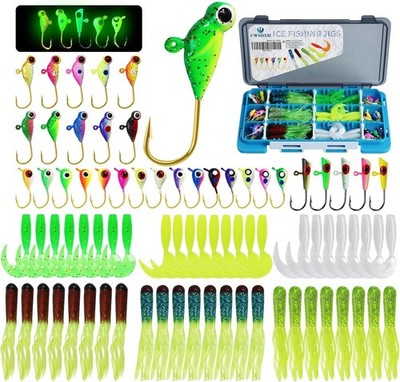78-PCS Ice Fishing Jigs Kit W/ Glow-in-The-Dark Lures Soft Baits & Tackle Box