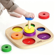 Dailyfunn Montessori Toys Wooden Rainbow Ring Stacker Color Size Learning Sor...