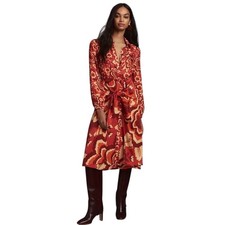 Farm Rio Floral Midi Shirt Dress XS Long Sleeve Wrap Skirt Boho Red Orange EUC