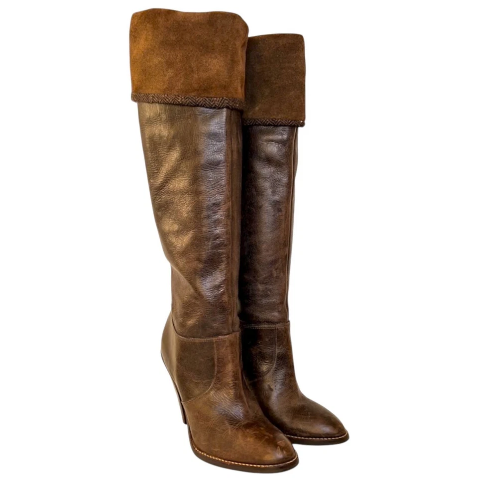 Steve Madden Mott Suede Cuff Tall Heeled Leather Boots 7 Herringbone Trim Knee - Image 4 of 4