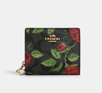 Coach Snap Wallet In Signature Canvas With Fairytale Rose Print