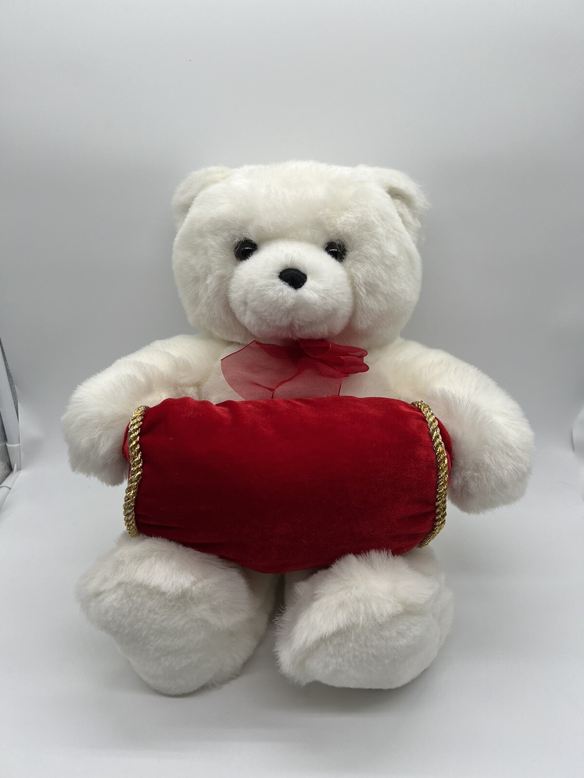 Gund WHITE SHAGGY TEDDY BEAR WITH RED PILLOW Stuffed Animal PLUSH SOFT TOY 40735