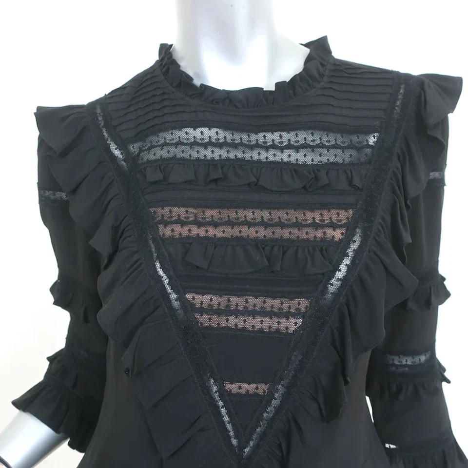 Rebecca Taylor Mini Dress Black Lace-Trim Ruffled Silk Size 6 - Image 2 of 4