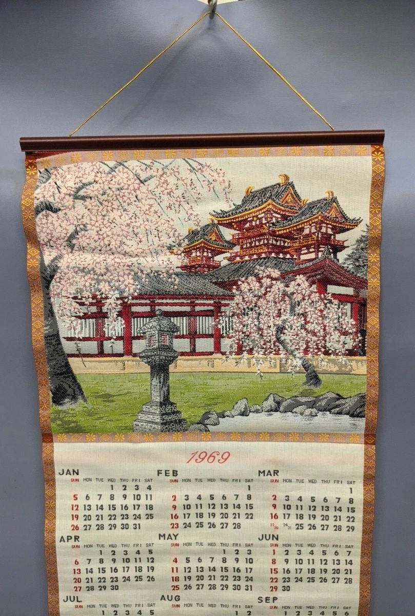 Vintage Asian 1969 Calendar Scroll Tapestry Cherry Blossom | eBay