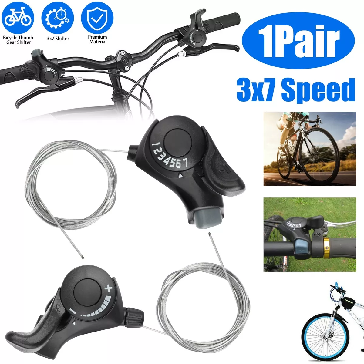 2Pcs Bicycle Shift Levers 3 x7 Speed Mountain Bike Thumb Gear Shifter Brake Set