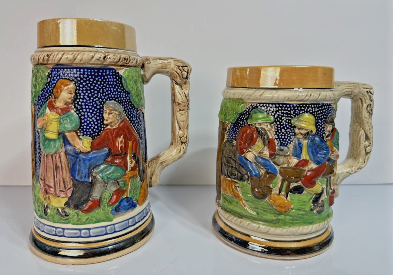 Vintage Set of 2 Lusterware Hand-Painted Beer Steins — German Village Design
