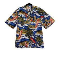 Vtg HILO HATTIE Made In USA Hawaiian Shirt Surfboards Palm Trees Cotton Beachy L