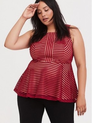 Torrid Maroon Shadow Stripe Peplum Top Womens 4x Plus Size Sleeveless Shirt