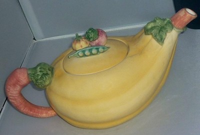 VINTAGE FITZ & FLOYD GEMÜSEGARTEN KÜRBIS GEFORMT GELB KERAMIK TEEKANNE