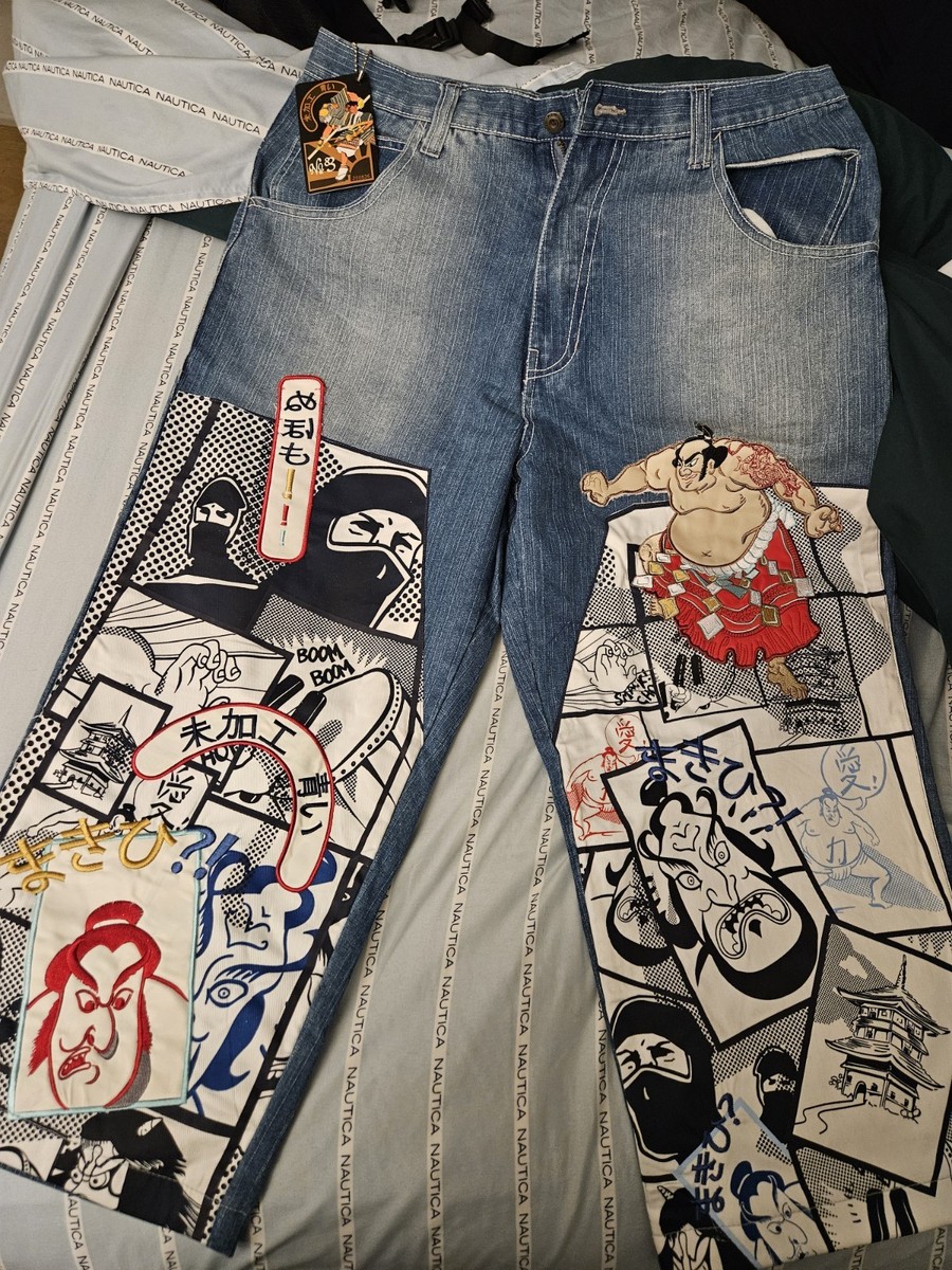 Vintage Y2K No. 83 Jeans Japanese Sumo Samurai 34 x 32 Embroidered