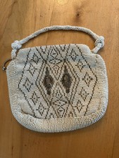 VTG Czech Beaded White  Gold with Diamond Design Zip Purse Lined Excellent