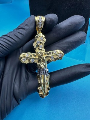 Jesus Cross 1.20Ct Round Cut Moissanite Pendant 14K Yellow Gold Plated Silver