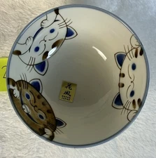 KAFUH MINO WARE JAPANESE BLUE HAPPY SMILING CATS 5.25” Width MANEKO NEKO BOWL #2