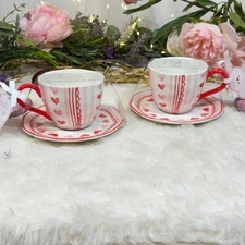 Grace Teaware Red & Pink Hearts Valentines Day Tea Cup & Saucer Set 4 PC New