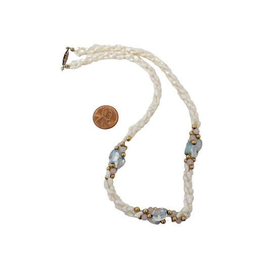 Fresh Water Pearl Pink & Blue Quartz Twisted Multi Strand Necklace - Picture 3 of 3