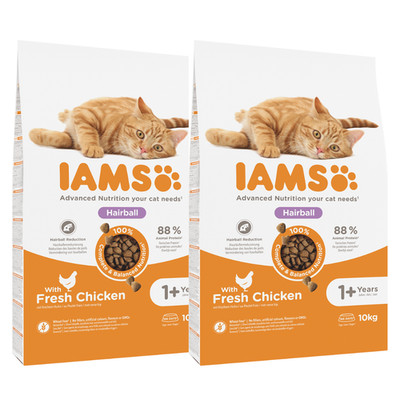IAMS Cat Adult All Breeds Hairball Control Chicken für Katzen 20 kg (2 x 10 kg)