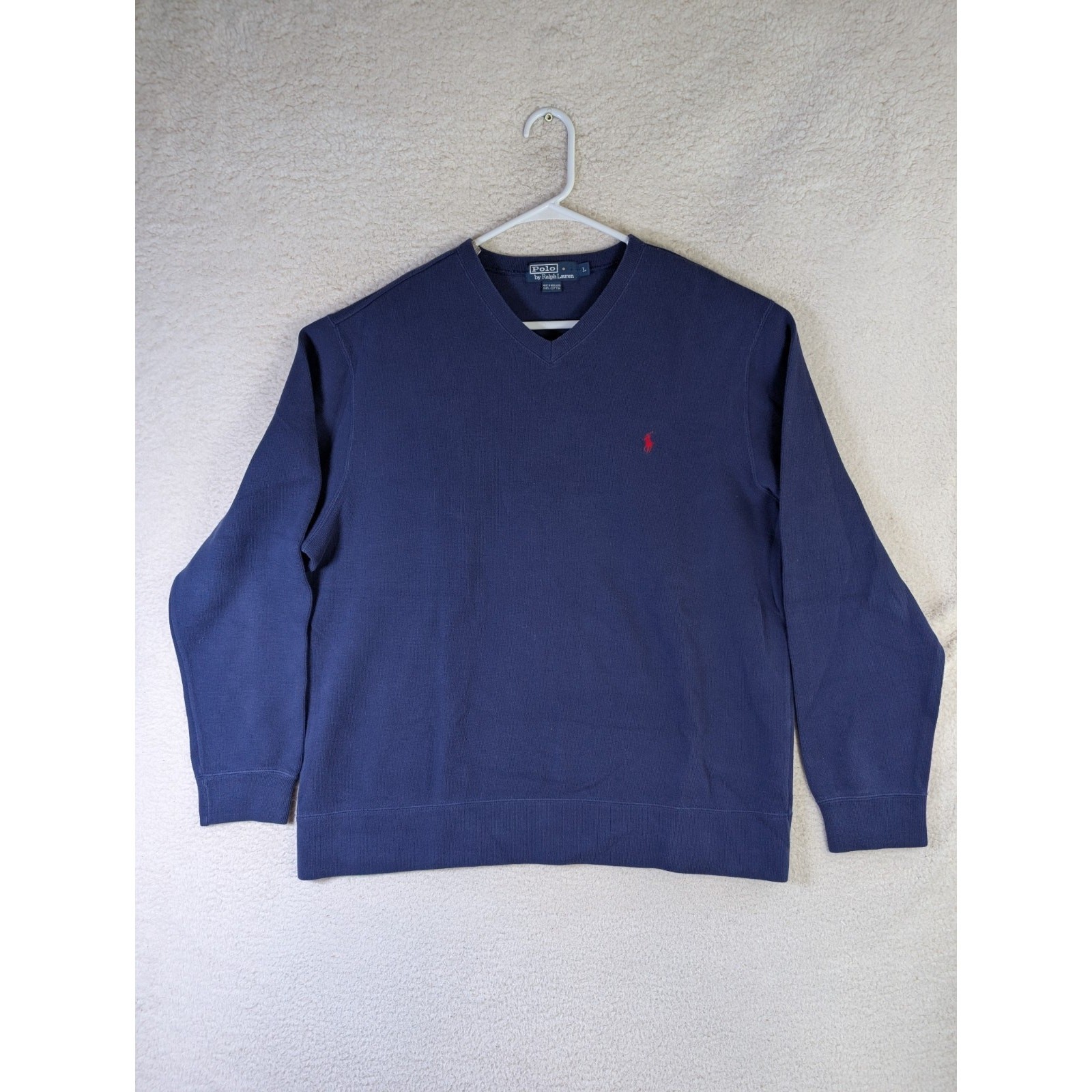 Vintage Polo Ralph Lauren Sweater Mens Large Blue Cotton Red Pony V Neck