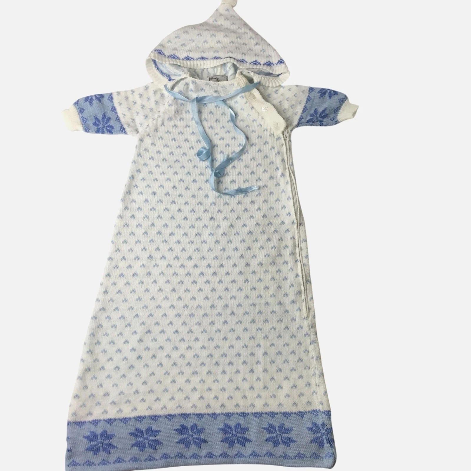 VTG BABY CLAIRE Baby Gown 100% Cotton Knit Attached Bonnet White Blue 0-6 M VBC