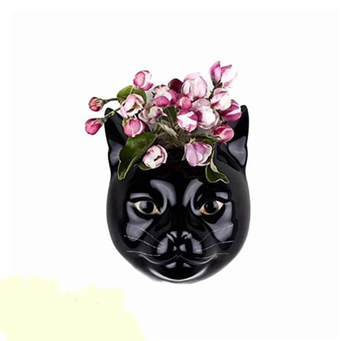 Black Cat Head Figurine Hang Vase Wall Mount Ceramic Flower Plant Home Decor