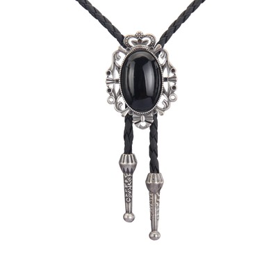 Western Bolo Tie Men Cowboy Crown Leather Necktie Leather Cord Agate Stone Goth