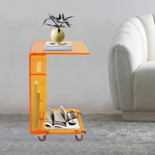 Acrylic C-shaped Desk C-shaped End Table for Sofa Small Coffee Tables w/ Wheels
