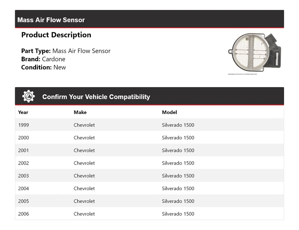 适用于 1999 - 2006 年雪佛兰索罗德 1500 大众空气流量传感器 Cardone 2000 2001 — 第 2/4 张图片